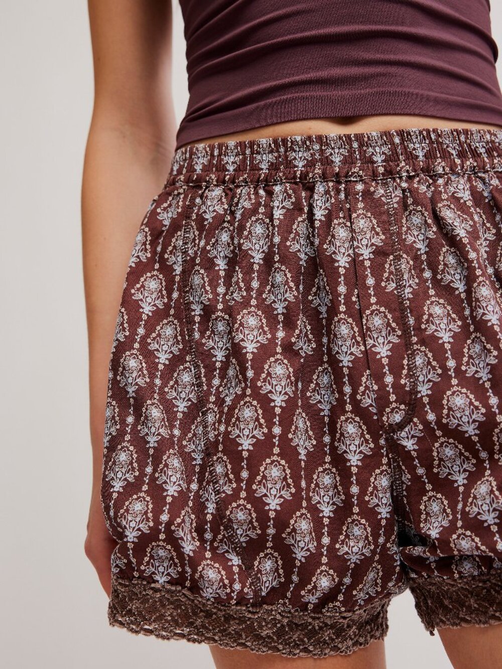Free People Brown Printed Lace-Trim Sleep Shorts